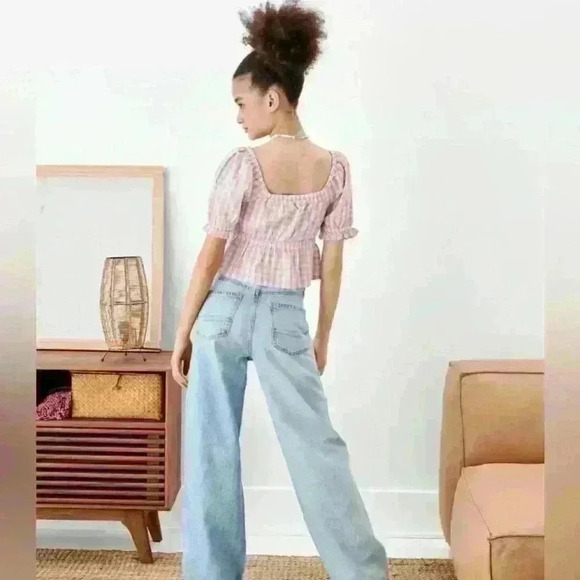 American Eagle Size Xs Wrap Babydoll Blouse Checkered Pink Cottage Linen Peasant - Picture 2 of 8